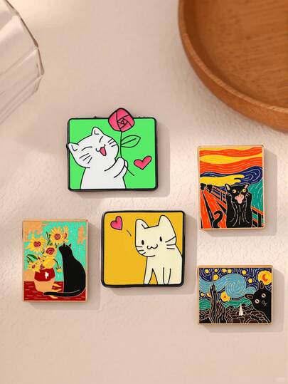 1/5 piezas Broche versátil con estilo de pintura de Van Gogh, gato negro abstracto de alta gama exquisito, gato blanco jugando felizmente, broche decorativo de flores