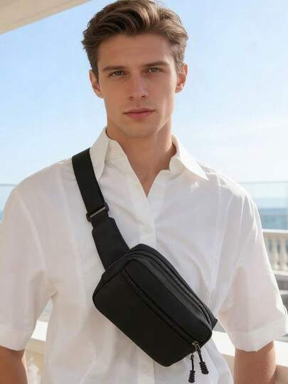 Túi đeo chéo nam tối giản bằng nylon, túi đeo hông nhẹ với nhiều ngăn khóa kéo, túi ngực thông thường cho hàng ngày và thể thao.