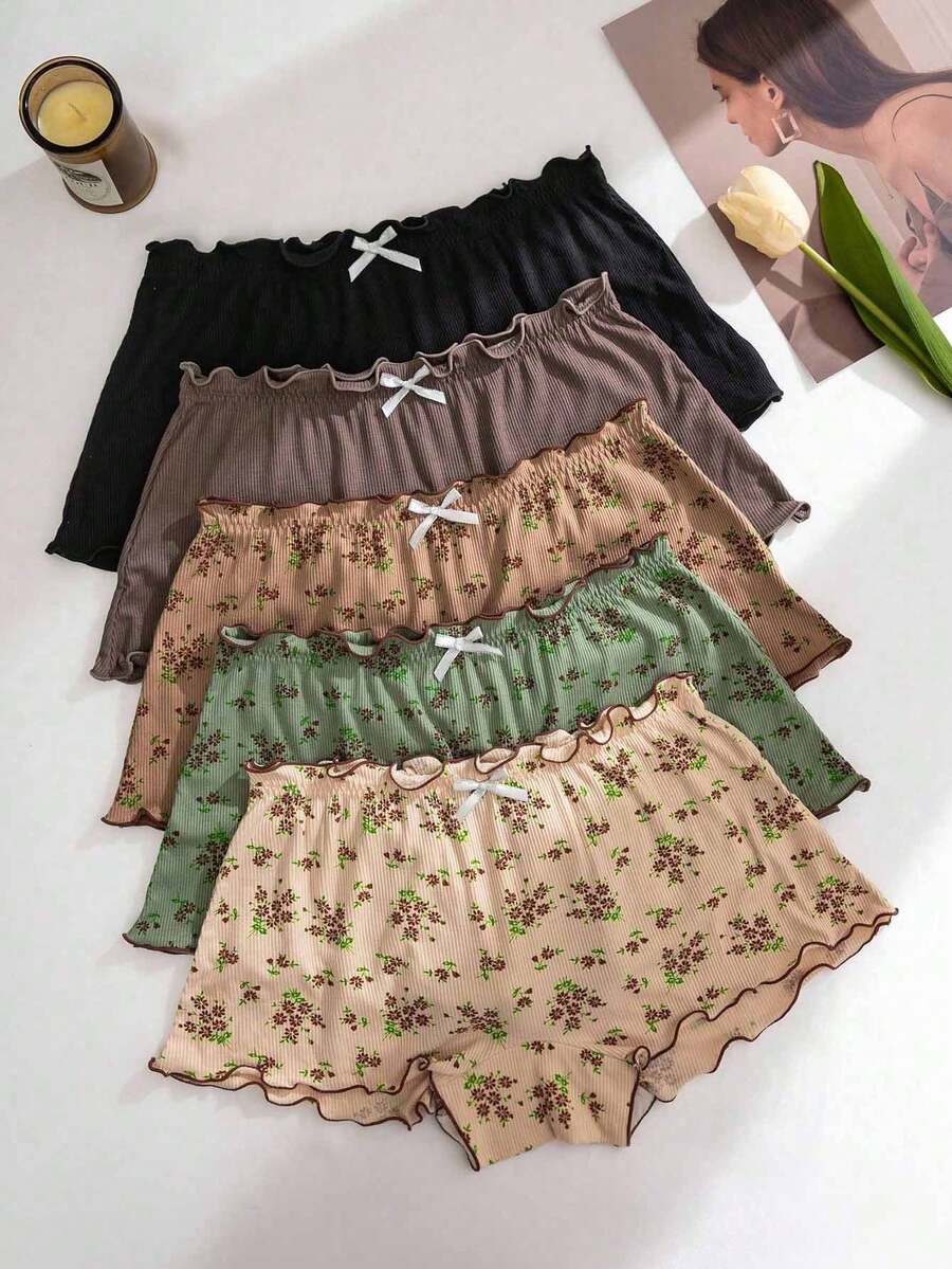 Summer  Floral Print Shorts With Ruffled Hem, Comfortable For Sleep, 5-Pack. - 彩色 - 查看 1