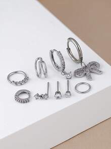 9pcs Cubic Zirconia Bow Pendant Earrings Set, Multi-Layer Pierced Earrings, Suitable For Women's Daily, Date, Music Festival, Party Layering - Silver - View 3