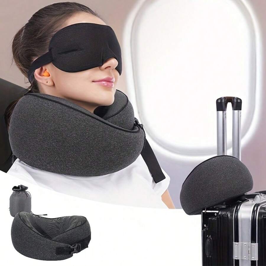 1pc Travel Pillow Pure Neck Pillow, Comfortable & Breathable Cover, Machine Washable, Airplane Travel Kit, Rest Pillow For Flights, Office, Car & Home Recliner - Black - View 1