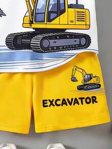 2pcs/Set Boys' Summer Excavator & Number Print Short Sleeve T-Shirt + Shorts, Casual Fashionable Style, Funny Pattern, Suitable For Outdoor Sports, Soft & Breathable, Great For Children - White - View 5