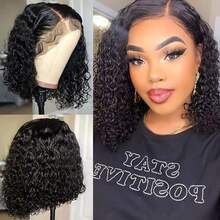 180% kurze Bob Perücken aus Echthaar, glueless, tiefe Welle Bob Perücken mit 13x4 transparenter Spitzenfront für Frauen, lockige Echthaar Closure Bob Perücken - Natural Black - Übersicht 6