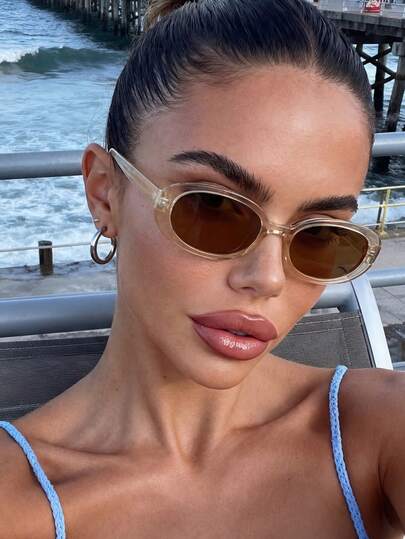 1副男女通用椭圆形小框超轻香槟色太阳镜，适合各种场合，如旅行、夏季配饰、运动风、驾驶、节日、海滩、电子音乐节、度假、家庭出游、优雅装扮、街头风配饰、度假氛围、运动、派对、户外活动、街头风、钓鱼、假期、返校季、大学风、校园风等。