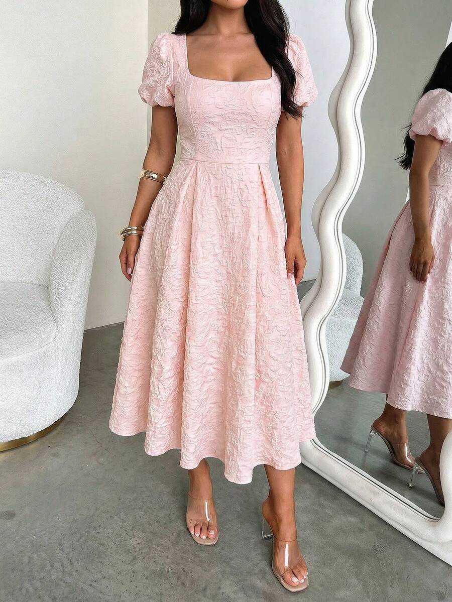 Women's Spring/Summer Elegant Square Neck Petal Sleeve Floral Textured Waist Flared Hem Mid-Length Dress, Suitable For Vacation, Wedding, Party Pink - Pink - View 1