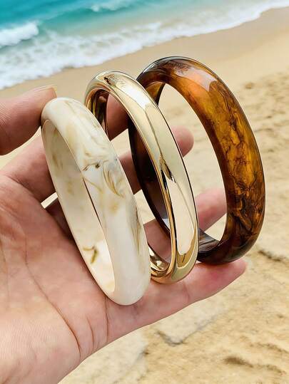 3pcs Elegant Retro Acrylic Bangle Bracelet Set, Fashionable Tube Design Suitable For Daily Casual Wear, Acrylic Material Without Inlaying, Suitable For Daily, Party And Holiday Occasions