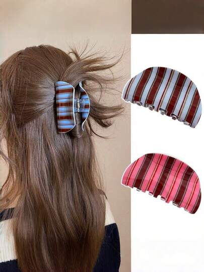 1/2 piezas Pinza de pelo de acrílico a rayas retro, de color azul, rosa y café, sujetador de coleta de lujo, accesorios para el cabello, verano