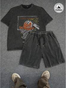 男士新款斋月元素水洗复古短袖套装，街头时尚趣味Emo图案黑色水洗短袖套装，休闲酷炫日常穿着英文印花水洗短袖套装，英文印花图案酷炫百搭黑色棉质水洗短袖套装，Y2K风格，适合日常穿着 - 黑色 - 查看 1