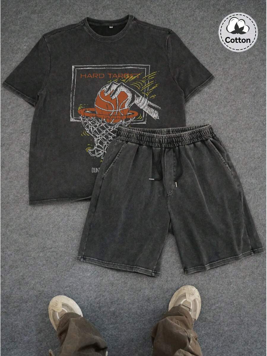 男士新款斋月元素水洗复古短袖套装，街头时尚趣味Emo图案黑色水洗短袖套装，休闲酷炫日常穿着英文印花水洗短袖套装，英文印花图案酷炫百搭黑色棉质水洗短袖套装，Y2K风格，适合日常穿着 - 黑色 - 查看 1