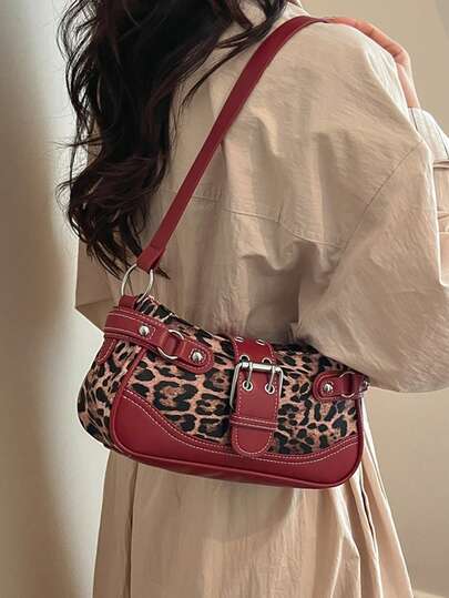 1 件女士撞色刺绣豹纹法棍包，带按扣和拉链封口，时尚手提包/单肩包
