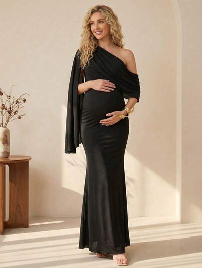 Elegant Party Solid Color Asymmetric Collar Maternity Dress For Photography, Wedding Guest Dress, Spring/Autumn Women's Wedding Guest Dress (JH25103) Black