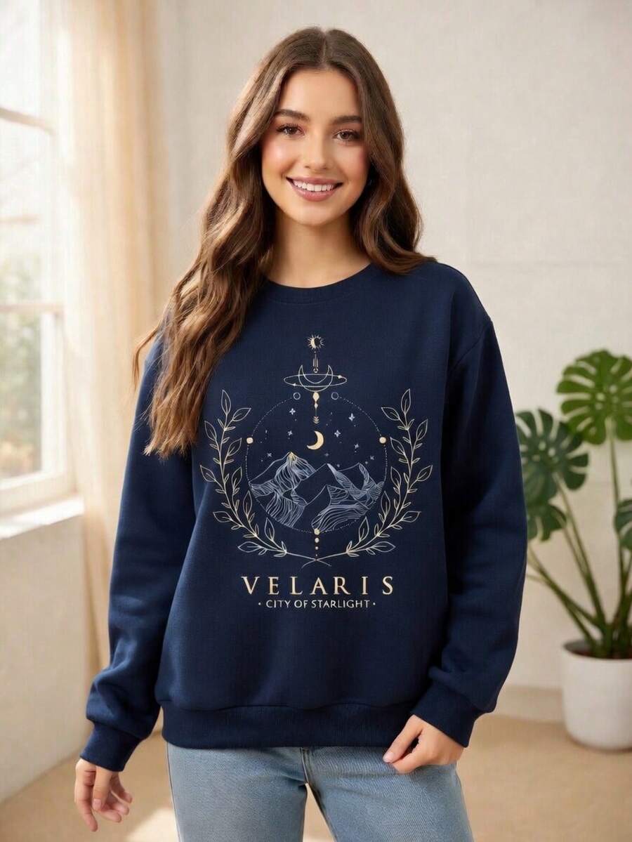 Casual Sweatshirt With Leaf And Mountain Print. - Màu xanh hải quân - Xem 1