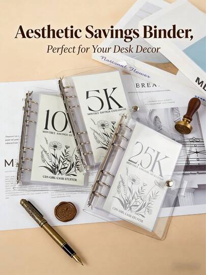 1 دفتر توفير طالبي ذو تصميم جمالي، تحدي التوفير الشهري 5000/10000/25000، دفتر ميزانية شفاف لنظام المظاريف النقدية، بتصميم زهري، لصندوق السفر والمدخرات الطارئة، ديكور مكتبي للعودة إلى المدرسة، مخطط توفير الطلاب