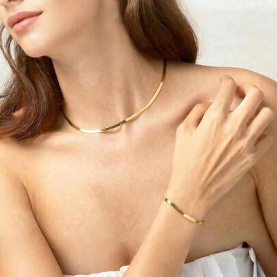 Bộ dây chuyền và vòng tay vàng 18K họa tiết xương cá, bộ dây chuyền hình rắn thanh lịch, vòng tay vàng chống thấm nước họa tiết xương cá, dây chuyền vàng phẳng đơn giản kiểu choker, quà tặng trang sức mùa hè.