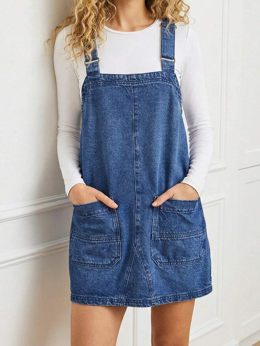 CICILEEDA Women's Casual Sleeveless Denim Pinafore Dress With Straps, Raw Wash Short Length For Everyday Wear - 藍色 - 查看 1