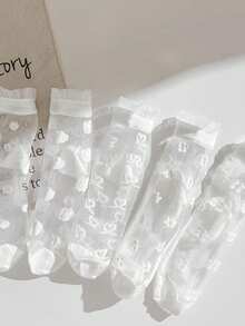 5双装儿童超薄网眼蕾丝花边透气袜，适合2-16岁女孩，夏季日常穿着的理想之选 - 彩色 - 查看 3