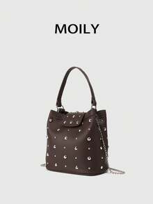 European And American Street Style Rivet Decor Bucket Shoulder Bag - Coffee - View 3