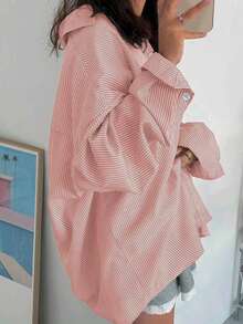 Plus Size Women's Striped Button-Up Shirt, Long Dropped Shoulder Sleeve, Woven Fabric Spring - Baby Pink - View 7