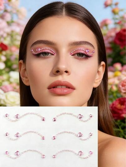 1pc Spring/Summer Romantic Pink Heart Rhinestone Eyeliner Sticker - Sweet Heart Pattern With Pearl Decor, Waterproof Self-Adhesive Face Sticker For Festivals, Dates, Summer Makeup, Suitable For Spring/Summer And Music Festival Parties