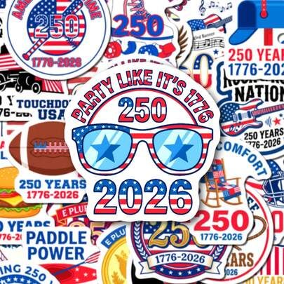 50 pezzi Adesivi per il 250° anniversario degli Stati Uniti, decalcomanie patriottiche americane 1776-2026 per borracce, laptop, skateboard, perfette per decorazioni per feste di Giorno dell'Indipendenza, Giorno dei Caduti, Giorno dei Veterani, eventi patriottici, adulti, uomini, donne, appassionati di patriottismo, adesivi in vinile impermeabili per uso quotidiano e celebrazioni festive