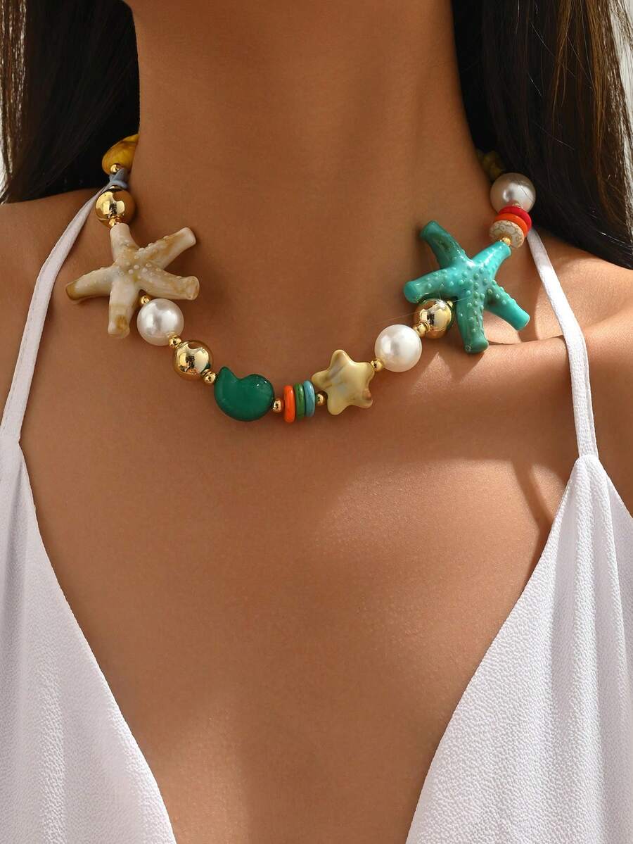 1 pieza Collar de mujer con cuentas y estrella de mar estilo bohemio (el estilo y el color de los accesorios son aleatorios) - Multicolor - Ver 1