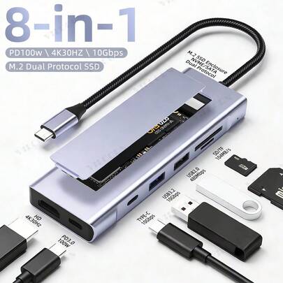 8合1 USB-C 集线器，带 M.2 NVMe SSD 硬盘盒（最大支持 8TB），10Gbps 数据传输，100W PD 充电，4K 高清，SD/TF 读卡器，适用于笔记本电脑/手机/平板电脑的便携式扩展坞