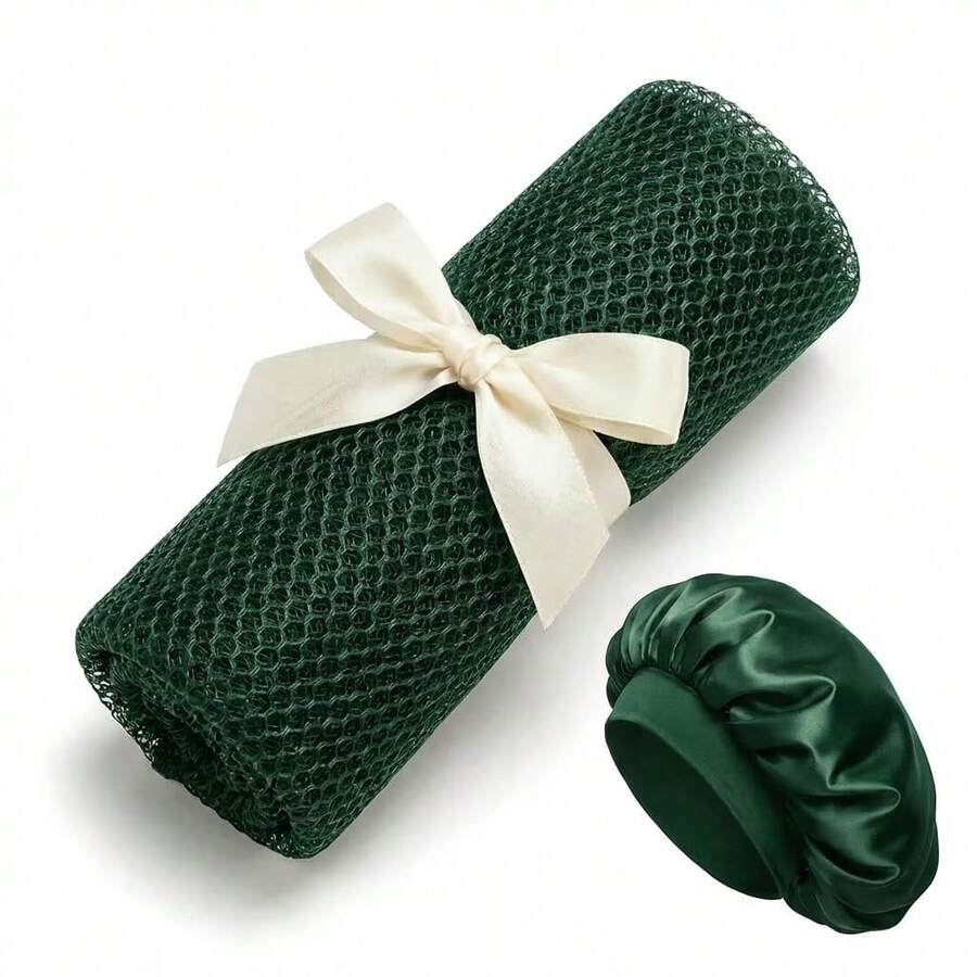 1/2 pièces Éponge de filet africain avec bonnet de douche, éponge de bain exfoliante, bonnet de douche en satin doux et brosse pour le corps, convient pour une utilisation quotidienne pour hommes et femmes, accessoires de salle de bain portables pour voyages, bonnet de douche en double couche de soie, cadeau SPA