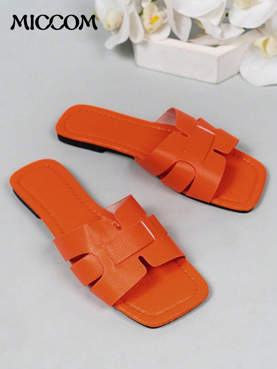 Sandalias planas con punta cuadrada de moda para mujeres, diapositivas versátiles para damas para primavera y verano - Naranja - Ver 1