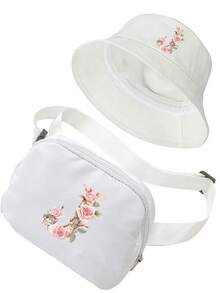 Women's Fashionable Outdoor Waist Pack, White Sun Hat Features A Unique Pink Rose Design And Lettering. Running Waist Bag, Women's Crossbody Chest Bag With Adjustable Shoulder Strap, Suitable For Daily Use, Outdoors,Travel Essential - Multicolor - View 15