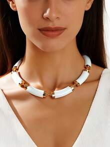 1pc Women's Luxury Curved Splicing Collarbone Chain, European And American Style White Tube Metal Necklace, Versatile Personalized Necklace - Yellow Gold - View 1
