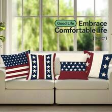 4pcs Independence Day Red & White Striped Star Pattern 4-Piece Set, Single-Sided Printed Throw Pillow Covers, Suitable For Living Room Sofa Bedroom, Pillow Inserts Not Included - Multicolor - View 8