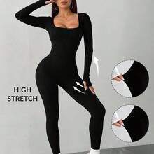 1 Piece Of Seamless Tight Fitting High Stretch Plastic Jumpsuit For Women, Sports Training Long Sleeved Fitness Suit, Suitable For Daily Yoga Use - màu đen - Xem 2