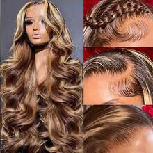 Peruca de cabelo humano loiro mel de 34 polegadas com densidade de 200%, mechas 13x4, 13x6, 5x5 e 4x4, com ondas suaves e mechas HD, peruca frontal de renda, cabelo humano pré-desfiado, peruca 5x5 sem cola, peruca frontal de renda castanha 4/27 com baby hair para mulheres. - S4/27 - Ver 9