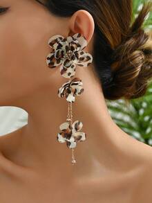 1 Pair Fabric Flower Long Earrings, Suitable For Daily Wear (Bead Color Random) - Leopard Print - E429 - View 2