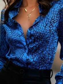 Camisa satinada sexy y seductora con estampado de piel de serpiente, diseño de nicho, ajuste delgado y versátil para primavera - Azul - Ver 4