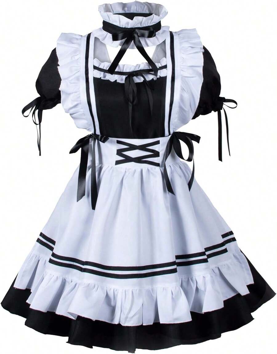 Elegant Lolita Maid Cosplay Dress - Sweet Black & White Ruffled Outfit With Apron, Perfect For Anime Conventions, Parties & Kawaii Fashion - 黑白 - 查看 1