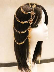 1pc Fashionable & Elegant Gold Hoop Tassel Headchain, Bohemian Dubai Hollow Flower Red Gemstone Decor Hair Accessory, Suitable For Women's Party & Festival Wear, Middle Eastern Style, Bride To Be, Hair Accessories For Women - 金色 - 查看 1