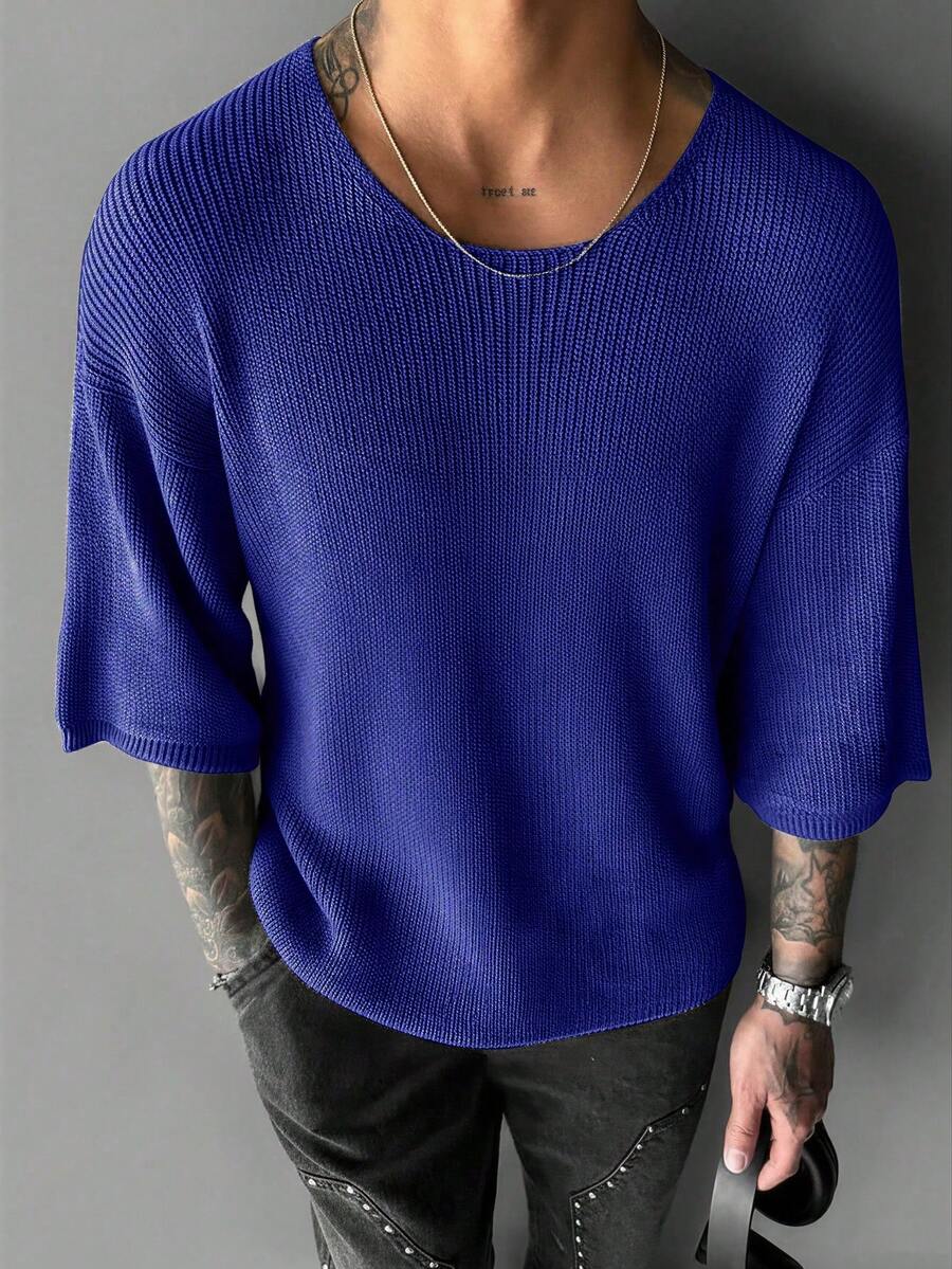 Plus Size Men's Solid Color Crew Neck Casual Loose Knit Short Sleeve Top