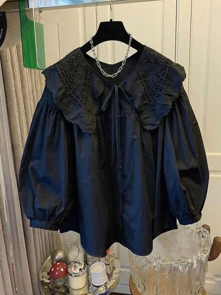 ii 彼得潘领甜美宽松长袖百搭女式上衣，春季款 - 黑色 - 查看 1