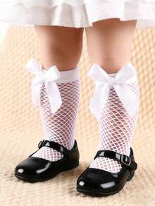 1 Pair Baby Girls' Cute Bow Fishnet Socks, Elastic Breathable Mesh Mid-Calf Socks, Suitable For Summer - White - View 13