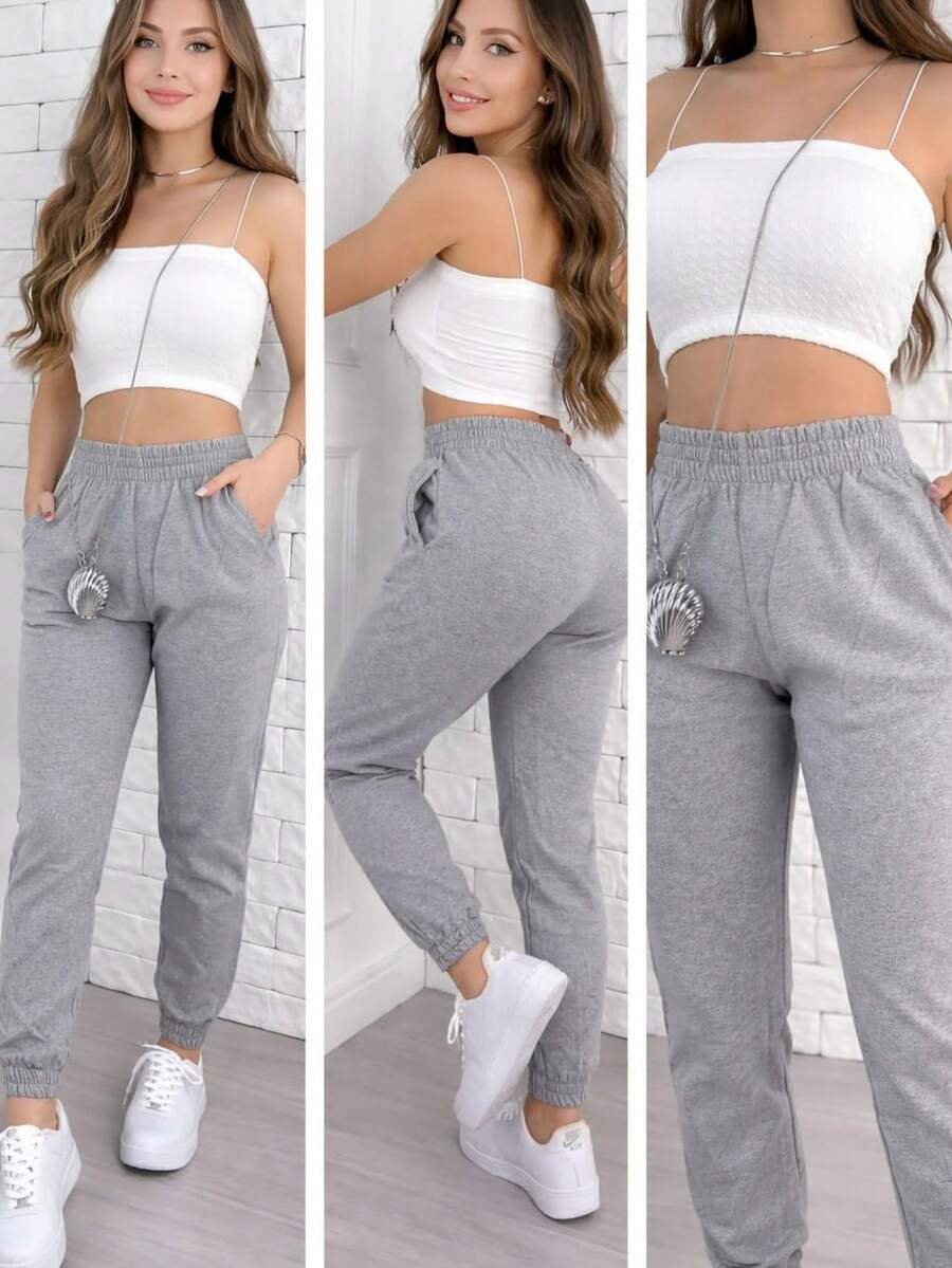 Women's Thick Jogger Sweatpants With High Waist - Light Grey - View 1
