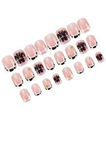 24片装短方形假指甲美甲套装，棕色法式小巧可爱合金亚克力按压式指甲凝胶美甲用品美甲套装（附赠：一片果冻胶和指甲锉），适合女性日常约会派对。 - 彩色 - 查看 2