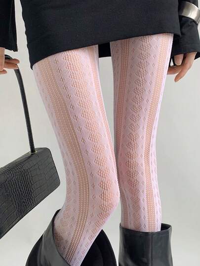 1双春夏女士渔网袜，薄款心形条纹镂空连裤袜，性感显瘦白色/灰色紧身裤，哥特朋克Y2K透明条纹过膝袜，适合派对、度假、街头服饰
