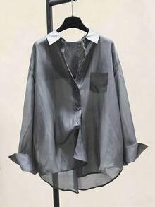 1pc Lightweight Sun Protection Shirt, New Summer Minimalist Elegant Versatile Long Sleeve Blouse - Grey - View 7