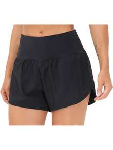 Womens High Waisted Running Shorts Quick Dry Athletic Workout Shorts With Mesh Liner Zipper Pockets - Black - View 4