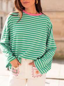 Women's Striped Casual Versatile Long Sleeve Top For Daily Wear Spring - Green-gray - View 3