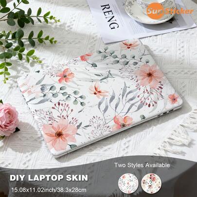 Adesivo estilo aquarela, estampa floral rosa e roxa, para laptop de 15 polegadas, autoadesivo, recortável, encaixe preciso, resistente a arranhões, ideal para uso diário no escritório.