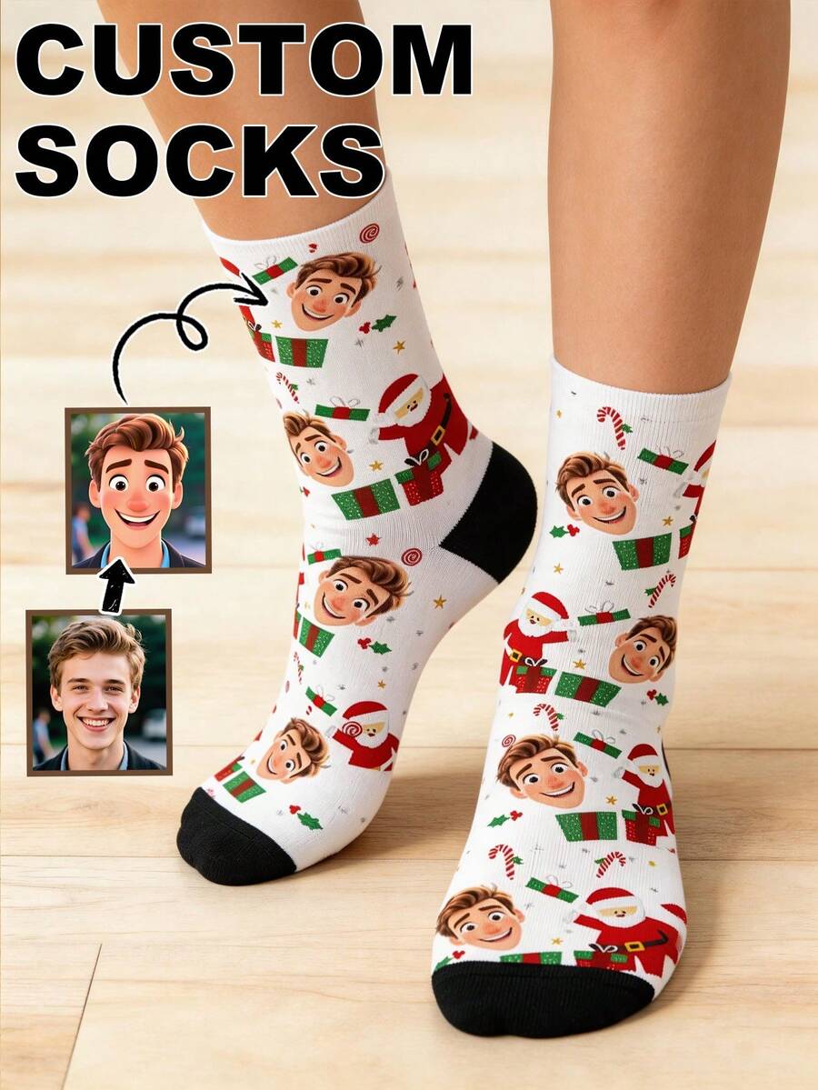 1 Pair Unisex Custom Cartoon Portrait Christmas Pattern Santa Gifts Print Soft Knit Crew Socks Xmas Holiday Personalized Gift For Family Friend - Multicolor - View 1
