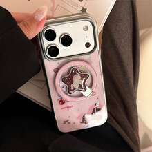 GUCADI 金色边框磁吸玫瑰金小马+梦幻玫瑰金星磁吸支架手机壳，兼容苹果 17 Pro Max、15 磁吸支架、13 硬壳手机。可爱、少女、创意、几何、卡通、萌系、小众、软妹、奢华风格 - 彩色 - 查看 13