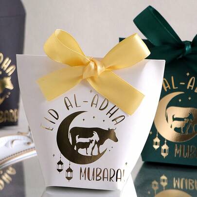 5/10/20 hộp kẹo hình bò và dê [Eid Al-Adha] Mubarak, giấy bạc vàng và nơ satin, hộp quà Eid Bakra 3 màu